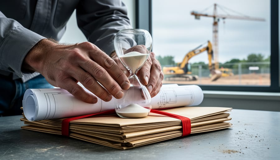 Close-up of a project manager’s hands placing an hourglass on rolled blueprints and a manila folder tied with red tape, with a fenced idle excavator and crane softly blurred beyond a window.