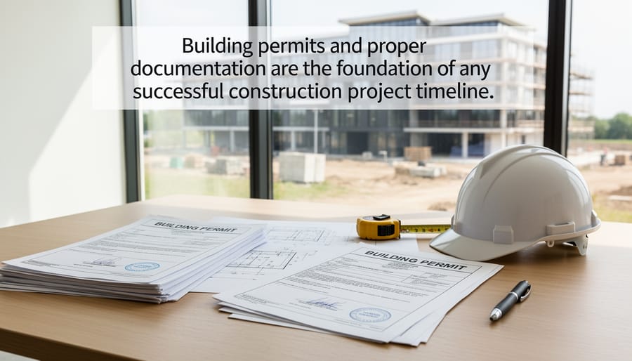Construction worker reviewing building permit applications and blueprints on desk