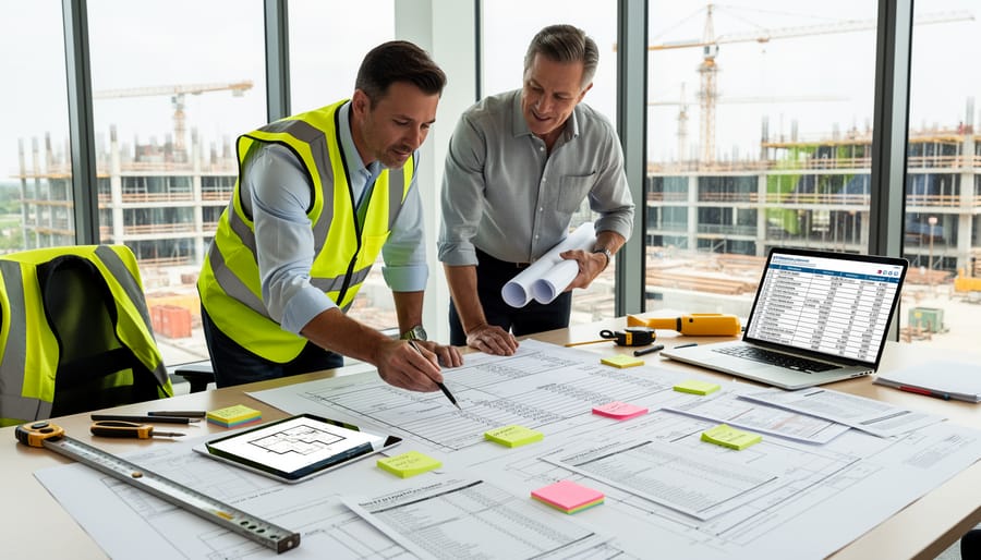 Contractor reviewing construction documents at active building site