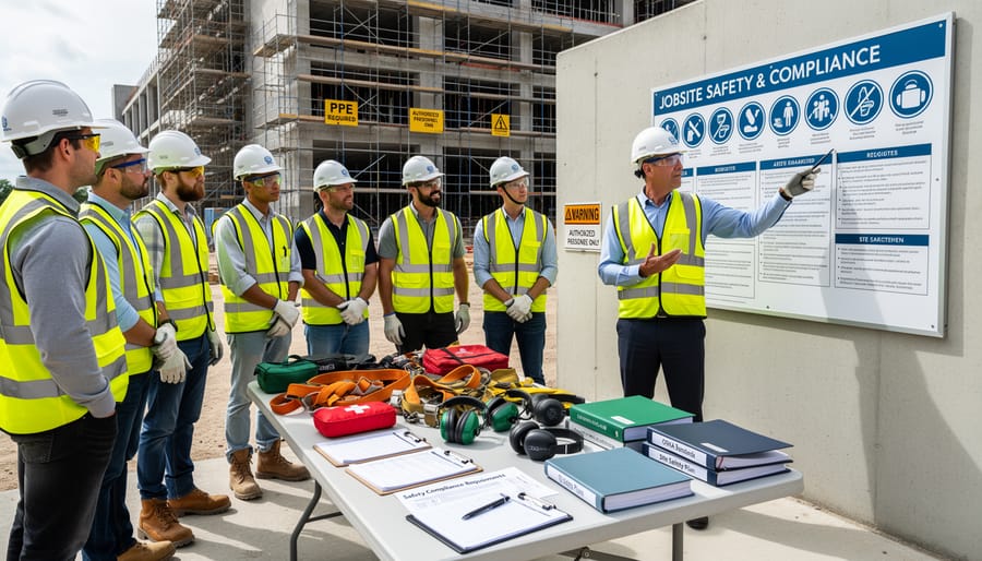 Construction safety equipment including hard hat, gloves, and safety glasses on work surface