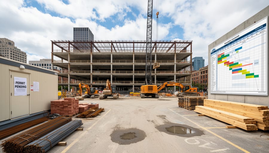 Construction manager waiting at inactive job site during permit delay