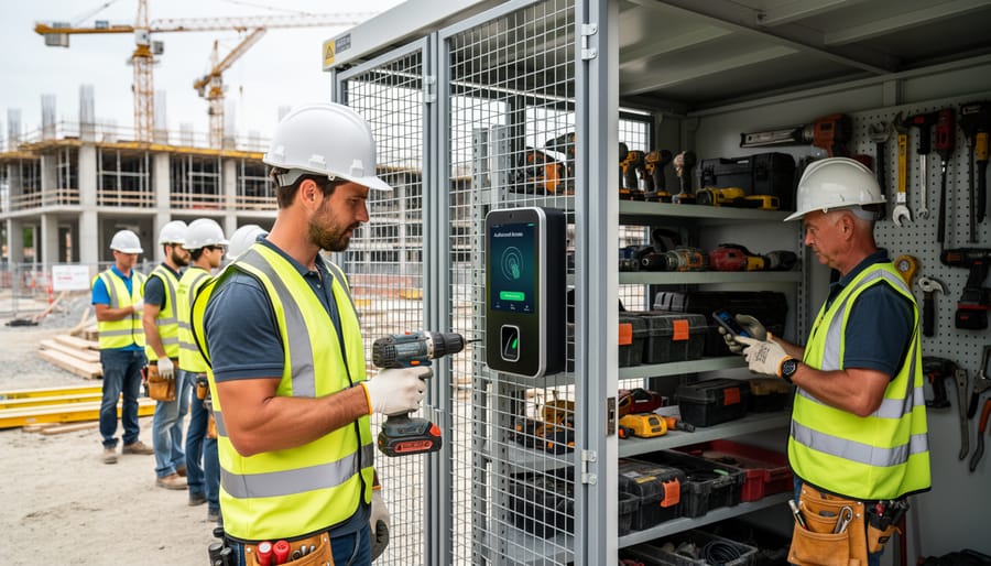 Construction worker accessing secure tool storage cage with biometric system on job site