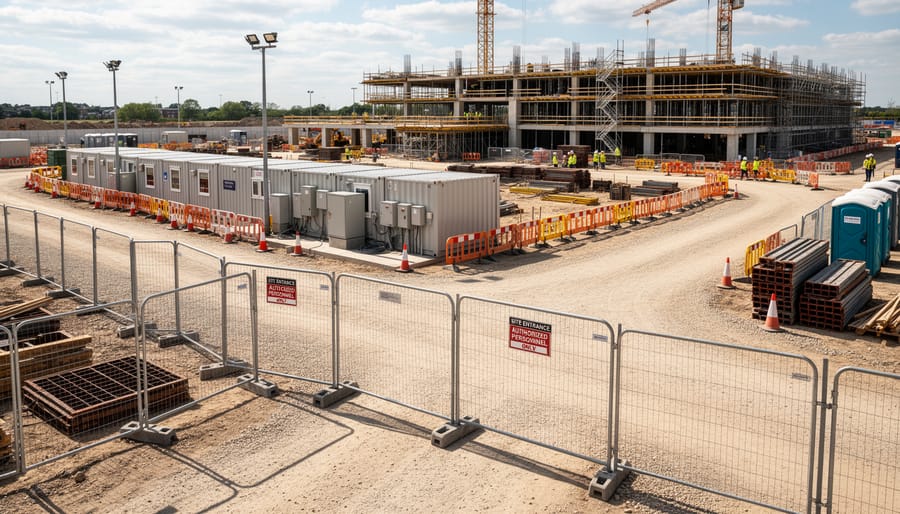 Construction supervisor at active job site with temporary fencing and facilities visible