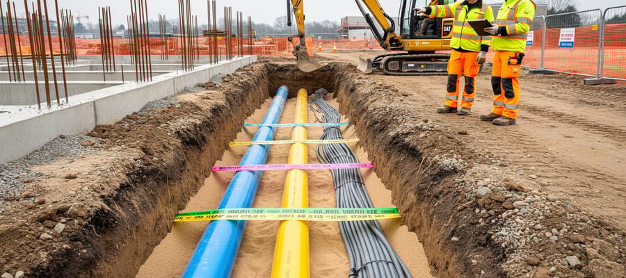 "Trench at construction site with blue water main, yellow gas pipe, and gray electrical conduits on sand bedding, warning tapes visible, two workers in safety gear near a compact excavator; foundation forms and fencing in soft focus."