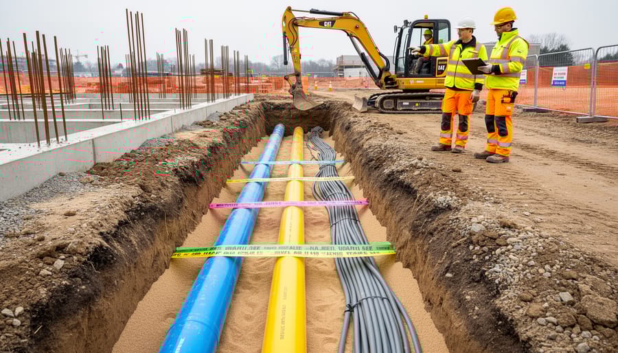 "Trench at construction site with blue water main, yellow gas pipe, and gray electrical conduits on sand bedding, warning tapes visible, two workers in safety gear near a compact excavator; foundation forms and fencing in soft focus."