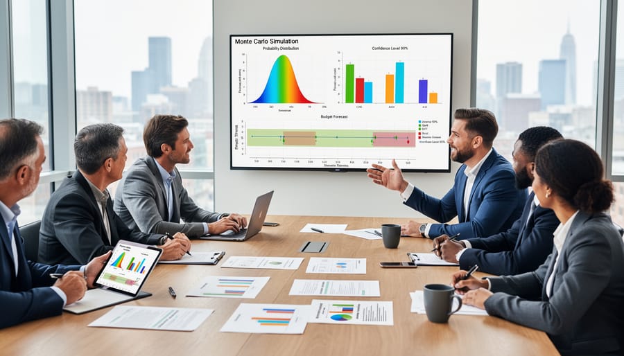 Contractor and homeowner reviewing project analysis on laptop computer at construction site