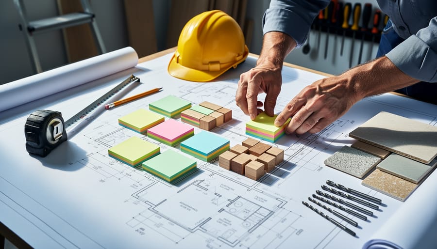 Overhead view of a contractor’s hands arranging blank color-coded notes and wooden blocks on construction blueprints with nearby tools and material samples in a workshop.