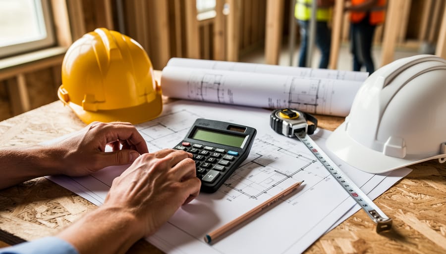 Construction project manager’s hands using a calculator beside blueprints, hard hats, tape measure, and pencil on a plywood table, with a partially framed jobsite and workers blurred in the background under soft daylight.