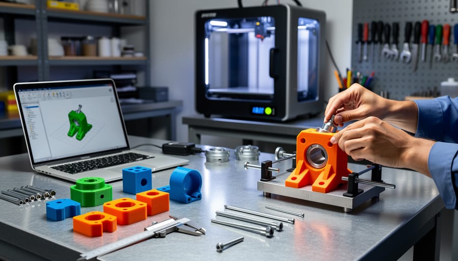 Collection of custom 3D printed workshop jigs and fixtures on workbench