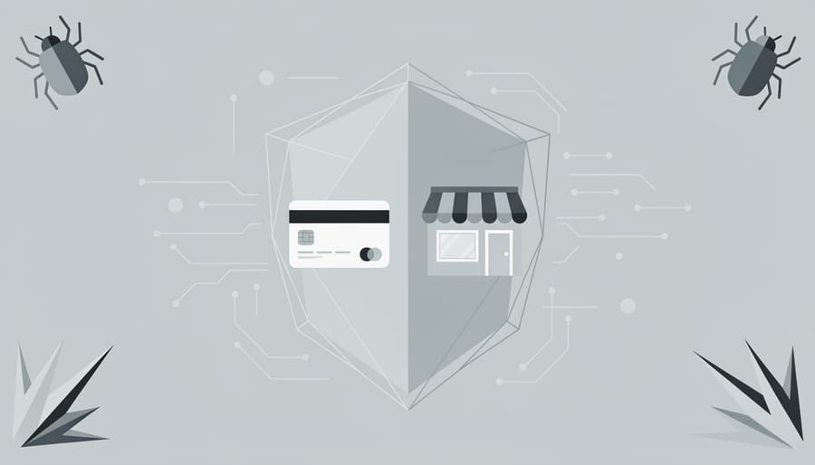 Business owner working on laptop with security protection symbolism