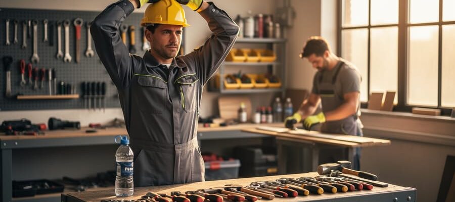 Tradesperson stretching beside a workbench in a well-lit, organized workshop with PPE, a water bottle, and neatly arranged tools, while a coworker prepares in the blurred background.