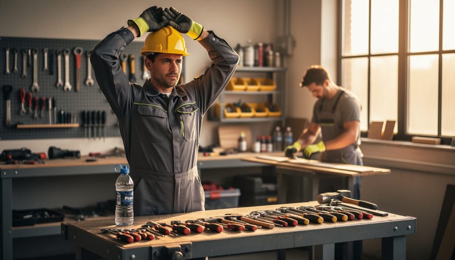 Tradesperson stretching beside a workbench in a well-lit, organized workshop with PPE, a water bottle, and neatly arranged tools, while a coworker prepares in the blurred background.