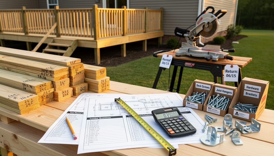 Wooden deck framework under construction showing posts and joists