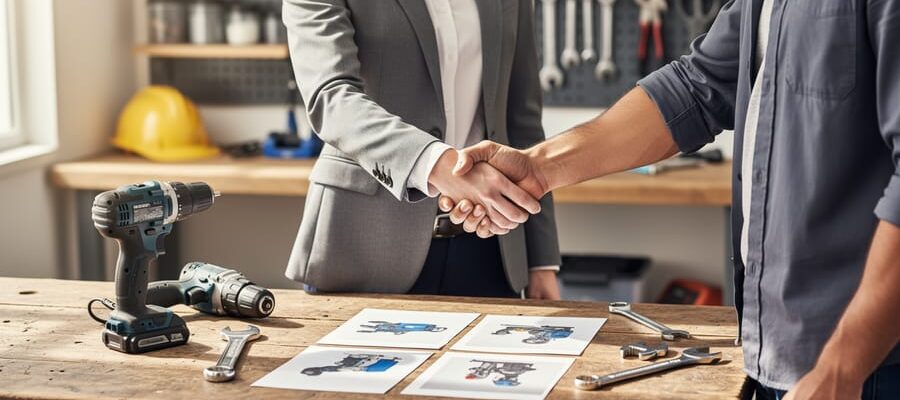 Mediator facilitates a handshake between tool owner and renter over a workbench with a drill, wrench, and printed equipment photos, set in a softly lit workshop office.