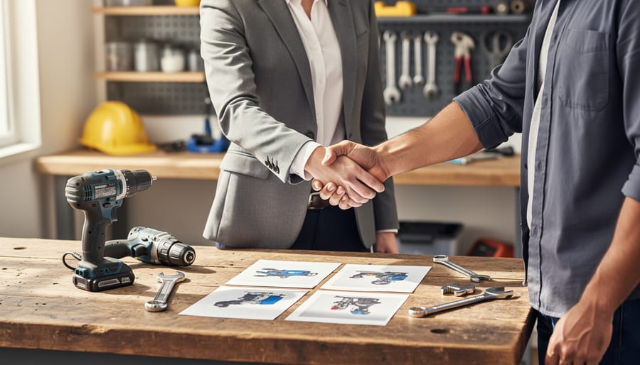 Mediator facilitates a handshake between tool owner and renter over a workbench with a drill, wrench, and printed equipment photos, set in a softly lit workshop office.
