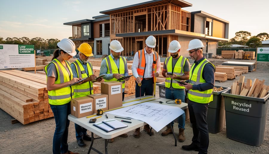 Construction worker measuring and planning wood cuts on organized job site workbench