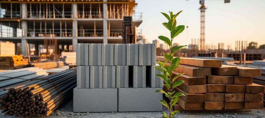 Stack of concrete blocks, steel rebar bundles, and reclaimed timber on an urban construction site at golden hour, with a small sapling in the foreground and a blurred crane and foundation in the background.