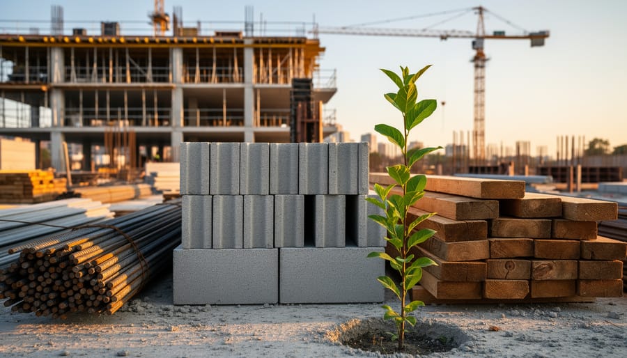 Stack of concrete blocks, steel rebar bundles, and reclaimed timber on an urban construction site at golden hour, with a small sapling in the foreground and a blurred crane and foundation in the background.