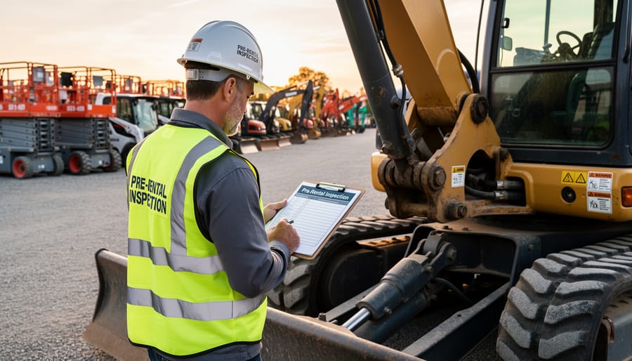 Equipment rental employee conducting detailed inspection of construction machinery