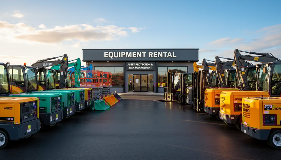 Organized rental equipment fleet yard showing multiple construction machines and tools