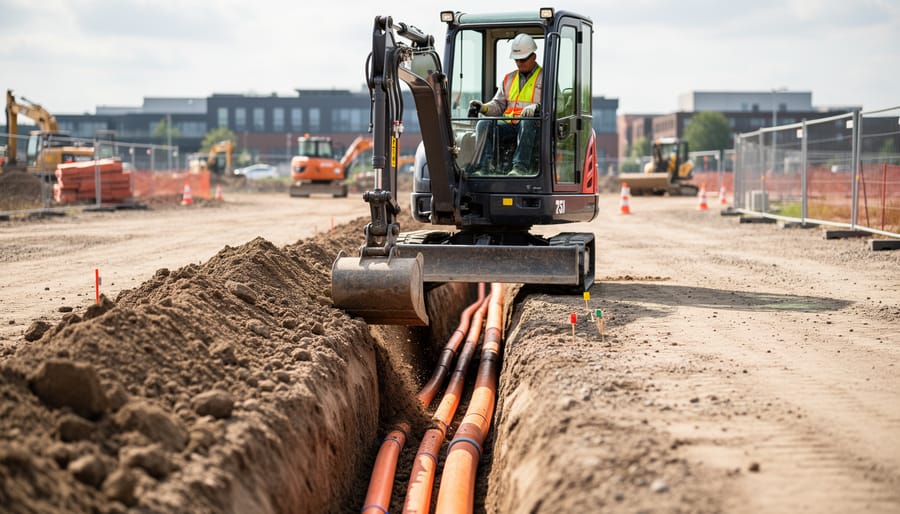 Yellow mini excavator digging trench for utility line installation on construction site