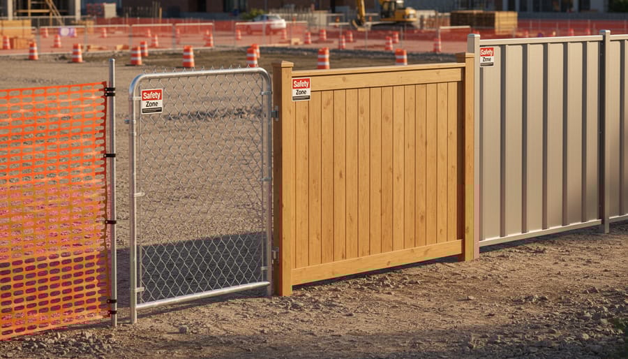 Comparison of wood, metal, and vinyl fence material samples showing different textures and finishes