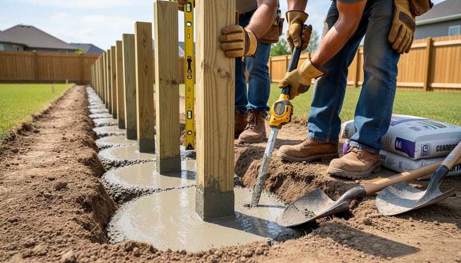 Worker installing fence post with concrete at proper depth while checking for level
