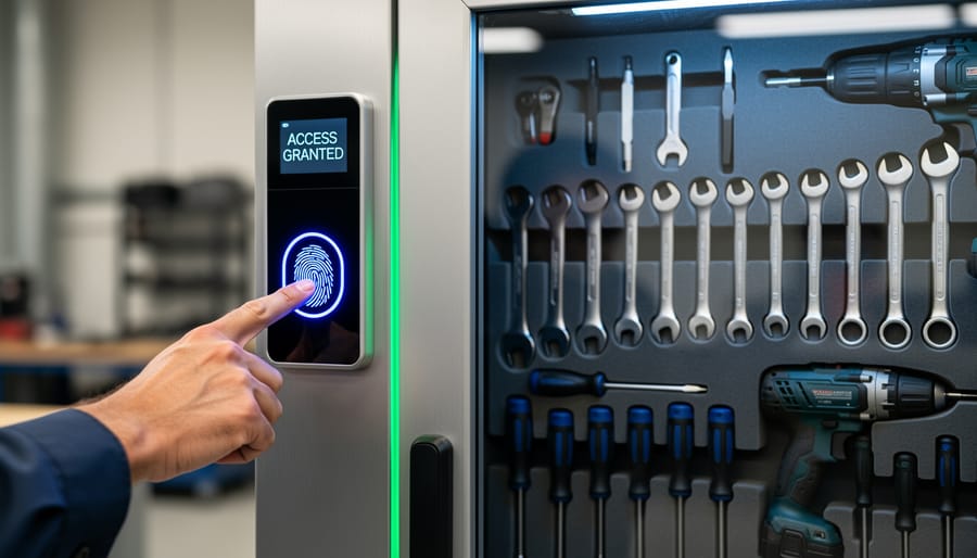 Close-up of finger pressing against fingerprint scanner on metal tool cabinet