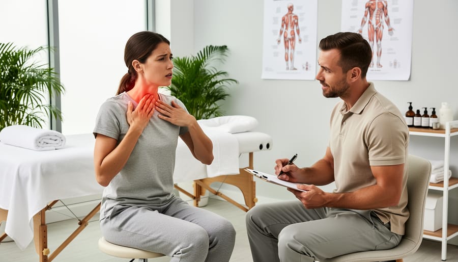 Massage therapist consulting with male client before first therapeutic massage session