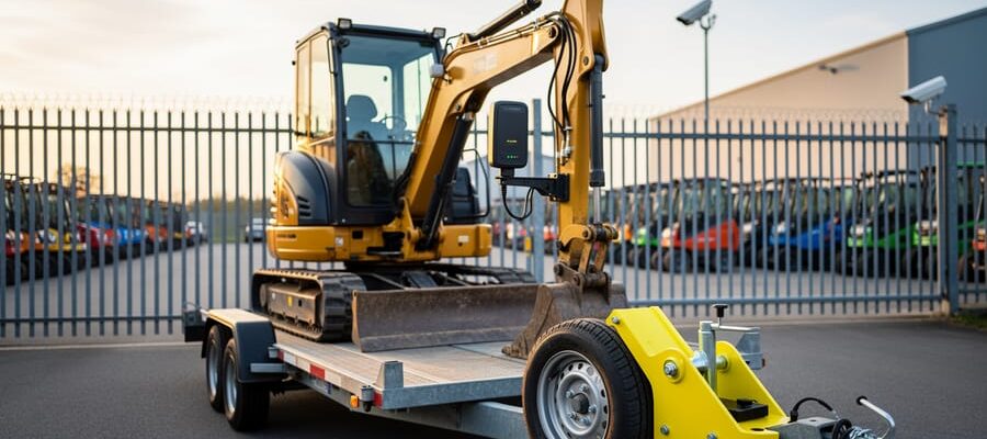 Yellow excavator with a mounted GPS tracker and wheel lock in a fenced equipment rental yard, CCTV camera and neatly arranged lifts and skid steers blurred in the background under warm evening light