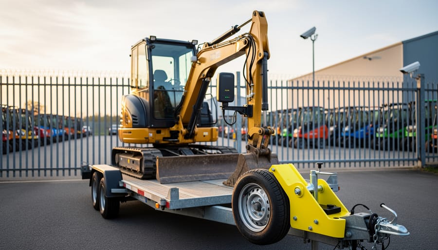 Yellow excavator with a mounted GPS tracker and wheel lock in a fenced equipment rental yard, CCTV camera and neatly arranged lifts and skid steers blurred in the background under warm evening light