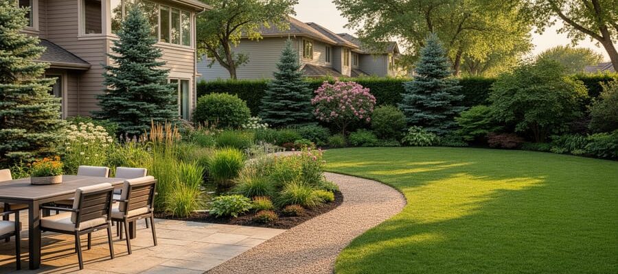 Wide view of a suburban backyard featuring a stone patio with dining set, a curving gravel path leading to a small play lawn, a rain garden planted with native grasses, and layered evergreens, shrubs, and groundcovers providing privacy, photographed in warm golden hour light.