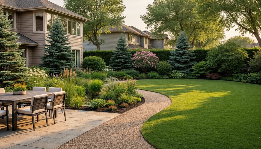 Wide view of a suburban backyard featuring a stone patio with dining set, a curving gravel path leading to a small play lawn, a rain garden planted with native grasses, and layered evergreens, shrubs, and groundcovers providing privacy, photographed in warm golden hour light.