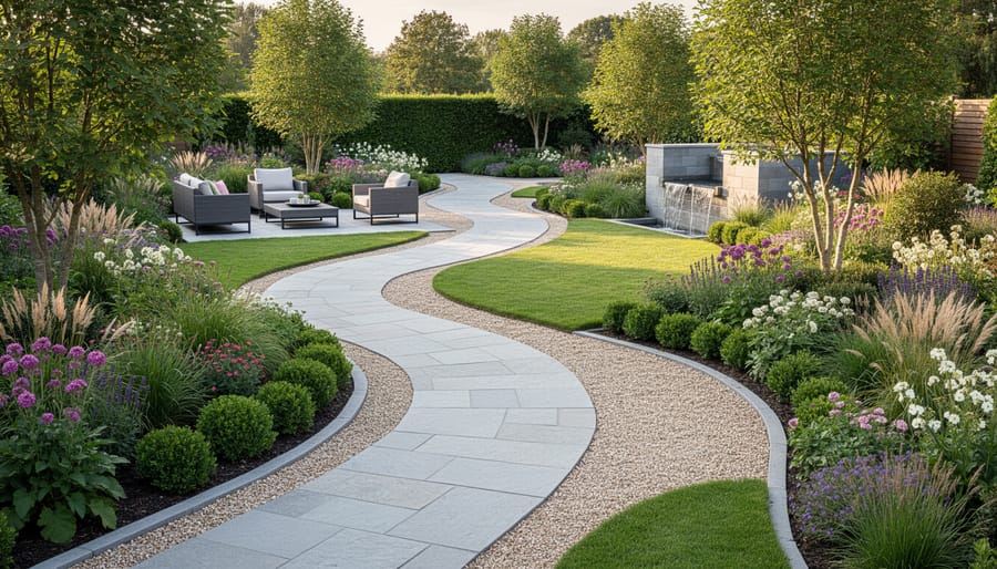 Curved stone pathway of appropriate width winding through layered garden plantings