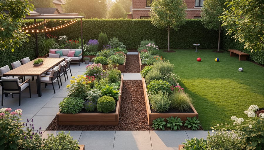 Backyard landscape design showing multiple functional zones including patio, pathways, and garden areas