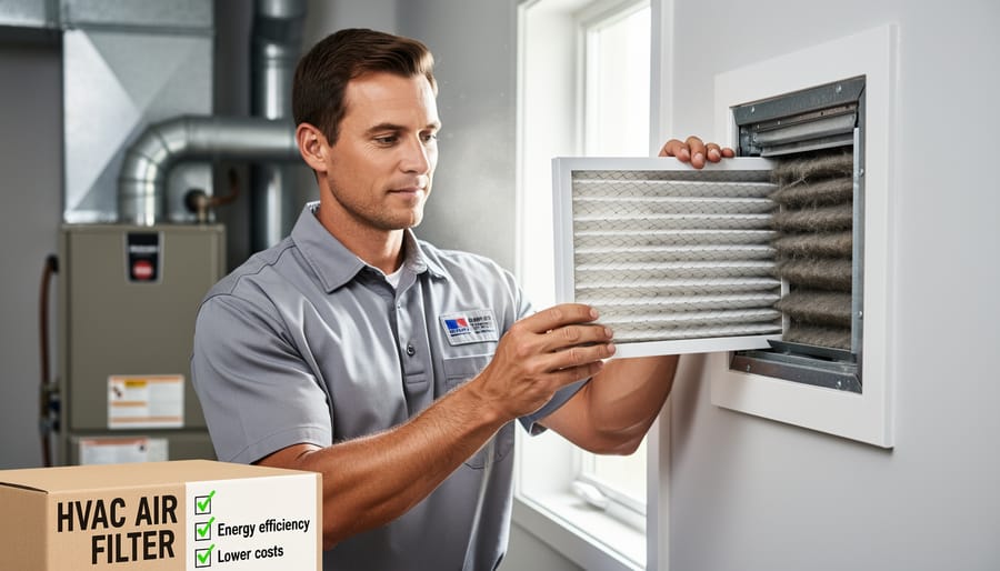 Maintenance technician replacing HVAC air filter in commercial building