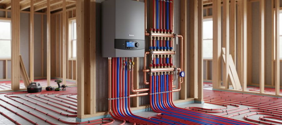 Eye-level view of a hydronic heating rough-in in an open-framed house with a wall-mounted condensing boiler, copper manifolds with isolation valves, neatly routed red and blue PEX lines, and radiant floor tubing across the subfloor under soft natural light.