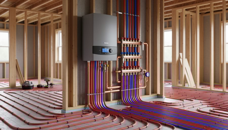 Eye-level view of a hydronic heating rough-in in an open-framed house with a wall-mounted condensing boiler, copper manifolds with isolation valves, neatly routed red and blue PEX lines, and radiant floor tubing across the subfloor under soft natural light.