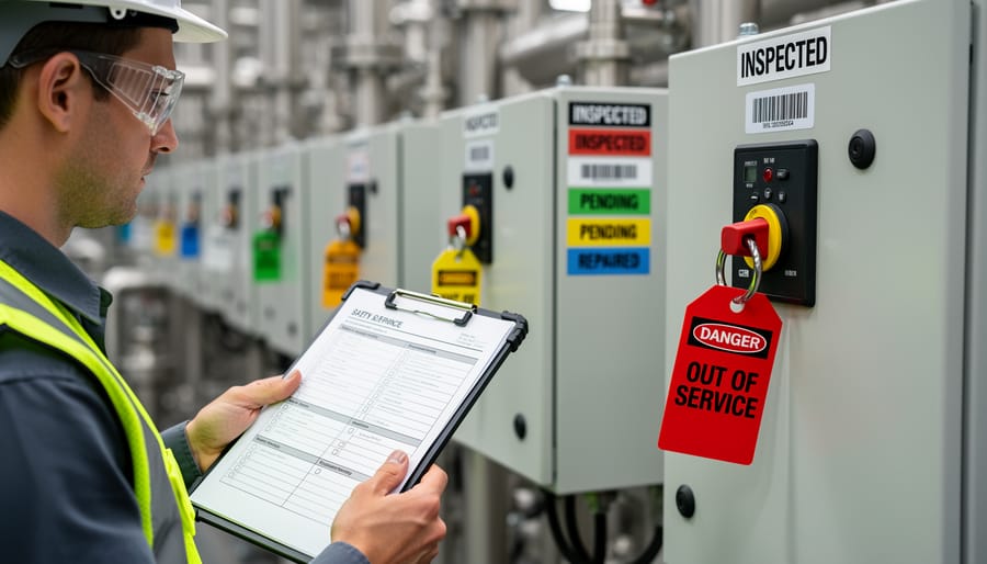 Inspection checklist on clipboard next to red out-of-service tag on industrial machine guard