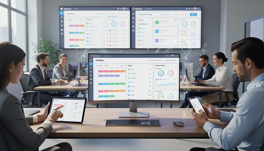 Multiple connected devices showing synchronized tool rental inventory and booking information