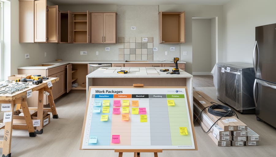 Kitchen renovation showing multiple work zones including plumbing, tiling, flooring, and cabinetry