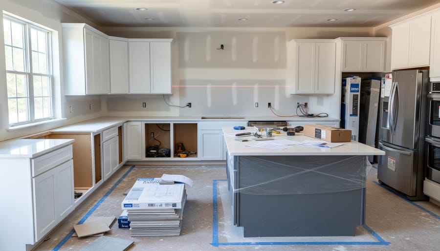 Kitchen renovation in progress showing partially installed cabinets and construction materials