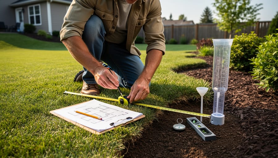 Overhead view of landscape assessment tools including measuring tape, soil test kit, and planning materials on grass