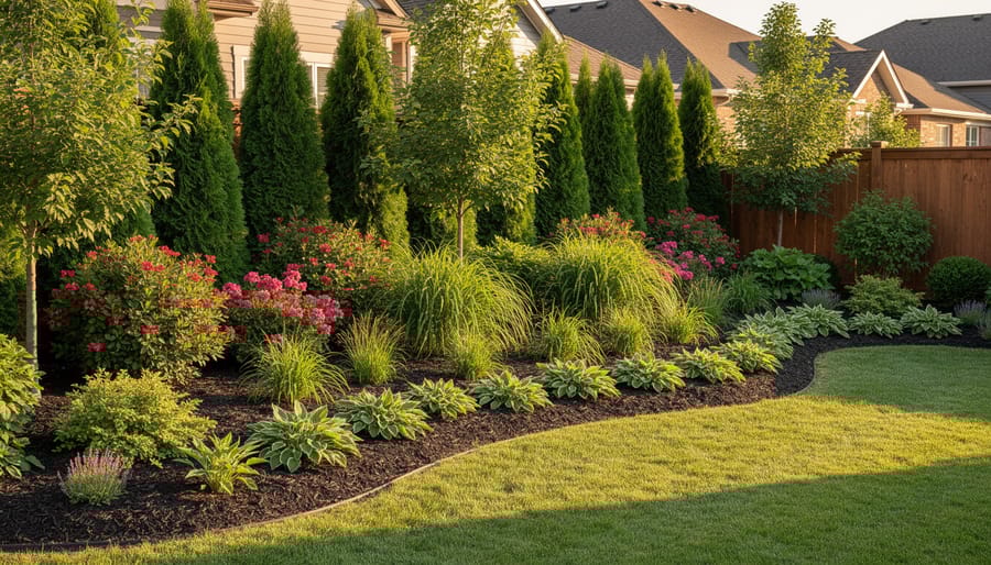 Layered garden planting showing tall grasses, medium perennials, and low groundcover plants