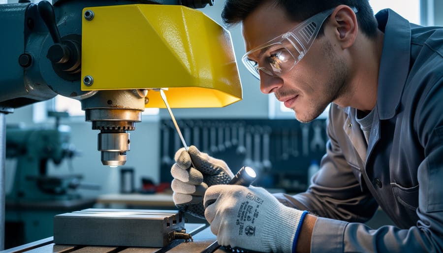 Worker wearing safety glasses and gloves measuring the gap at a yellow machine guard on a milling machine with a feeler gauge while shining a flashlight, with blurred workshop machinery behind.