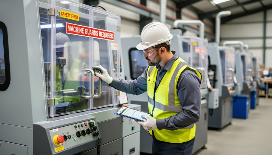 Industrial technician inspecting metal machine guard on manufacturing equipment