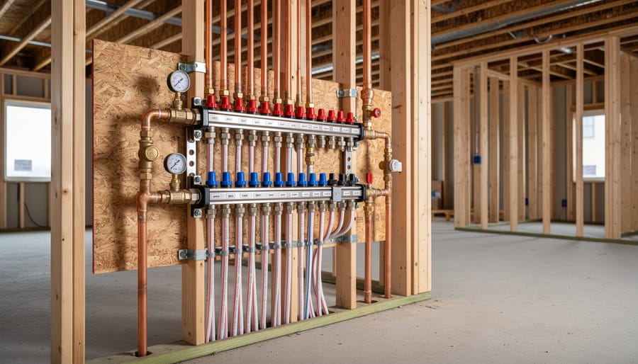 Hydronic heating manifold station with multiple PEX zone connections mounted on wall studs