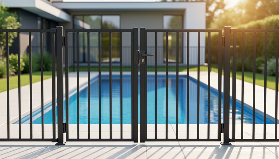 Eye-level view of a modern black aluminum pool safety fence with a self-closing gate around a backyard pool, golden hour lighting, house and landscaping softly blurred in the background.