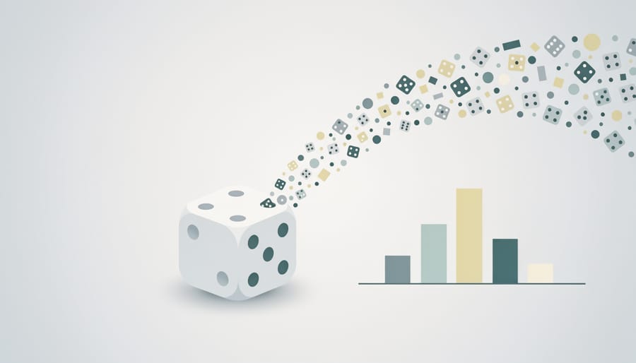 Construction worker's hands holding colorful dice above project blueprints and budget documents