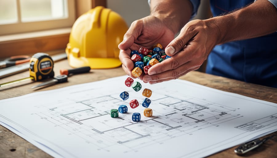 Contractor’s hands releasing multicolored dice onto architectural blueprints on a wooden workbench, with a hard hat, tape measure, and tools blurred in the background, lit by soft natural daylight, symbolizing probabilistic planning for construction costs and schedules.